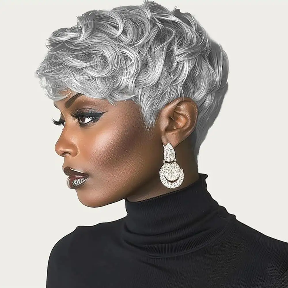 Black Women's Short Curly Elf Wig Black Women's Synthetic Wig Natural Wave Shape Black Elf Cutting Wig Short Curly Layered Elf