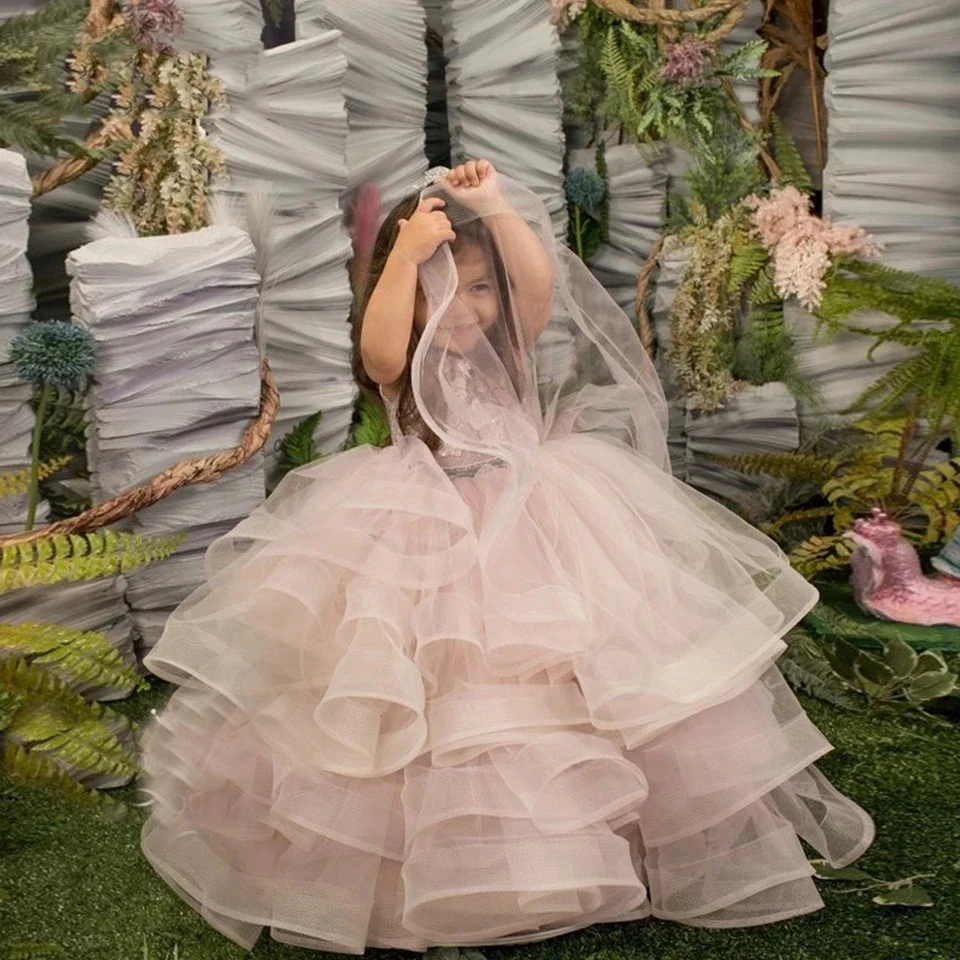 Simpatico abito da ragazza di fiori senza schienale in Tulle a strati per Applique da sposa senza maniche con fiocco festa di compleanno dolce abito da prima comunione