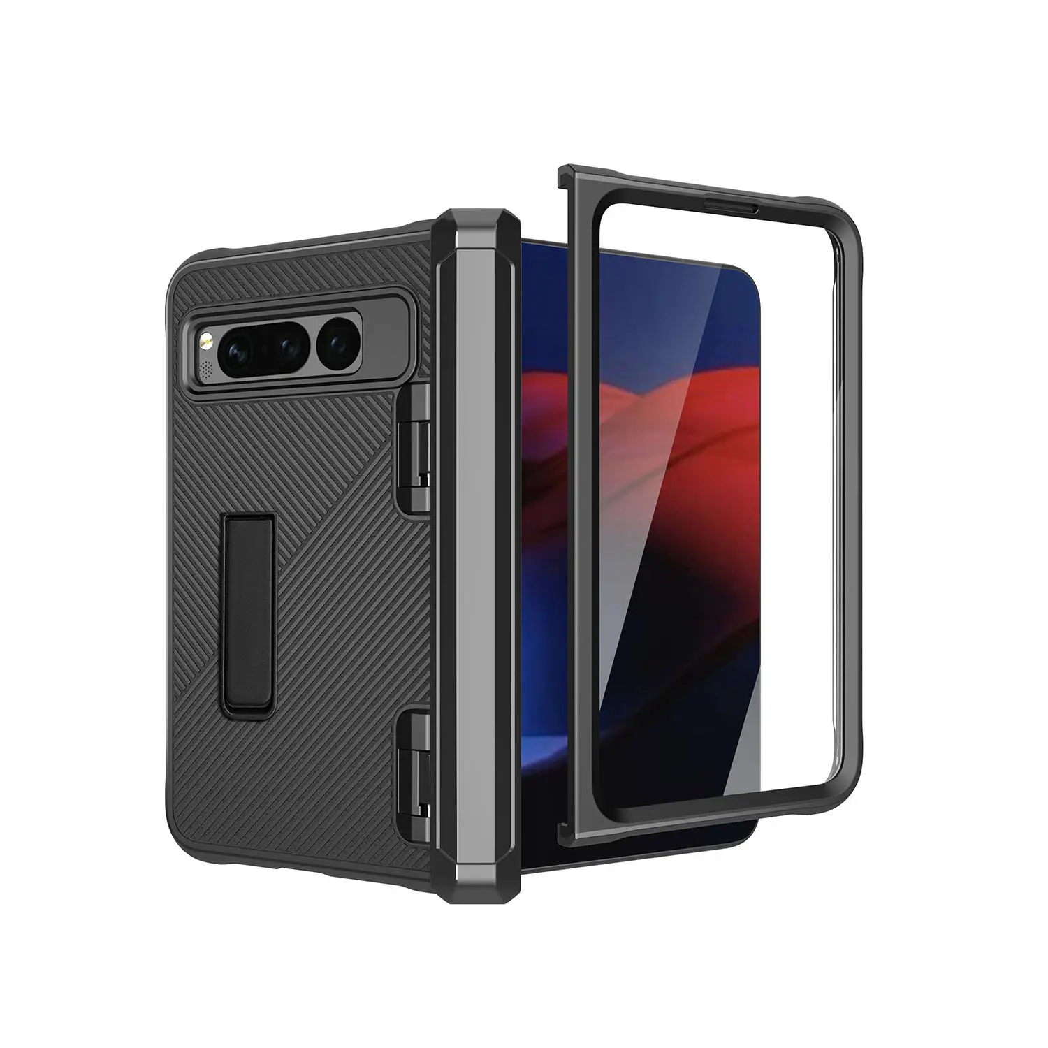 for Google Pixel Fold Twill pattern Design Case with Tempered Glass & Bracket Slim Fit and Delicate Touch Drop Protection Cover