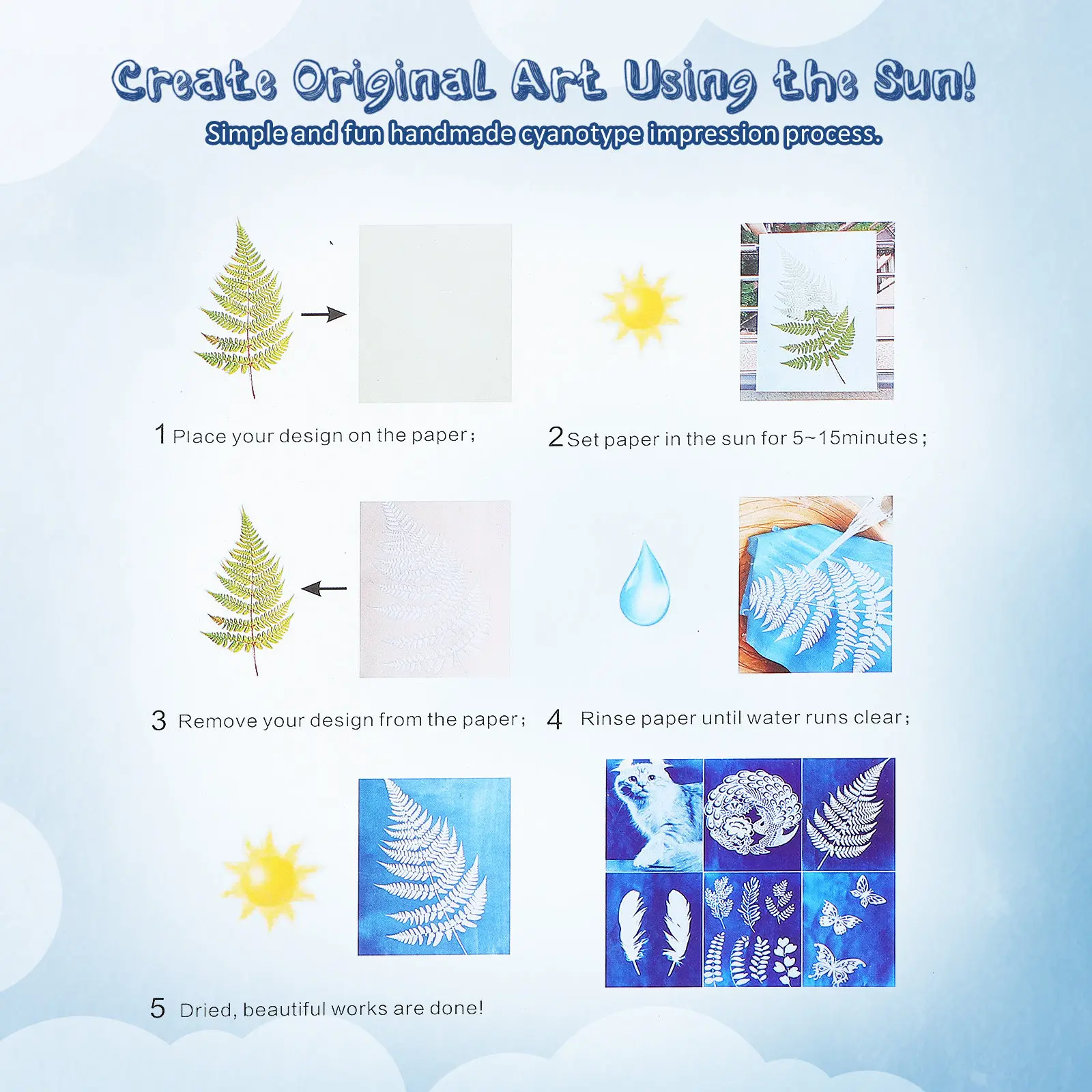 1Set Cyanotype Paper Fiber Material Sun Printing Paper Sheets Sun Activated DIY Art Projects Drawing Printmaking Kit