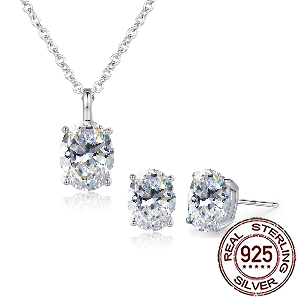 QooLady 925 فضة لامعة مكعب الزركون كبير البيضاوي أقراط قلادة مجموعات للنساء الزفاف ديكور مجوهرات اكسسوارات ST046