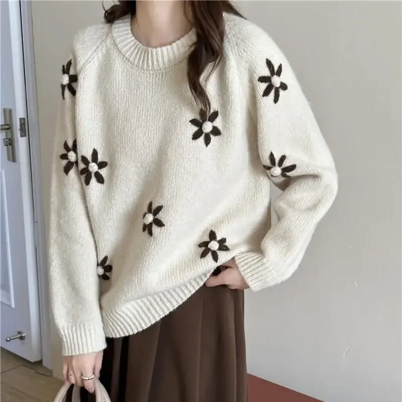 Gaganight Women Forest College Handmade Flower Embroidery Hoodie Sweater 2024 Autumn Winter New Korean Loose Casual Knitted Top