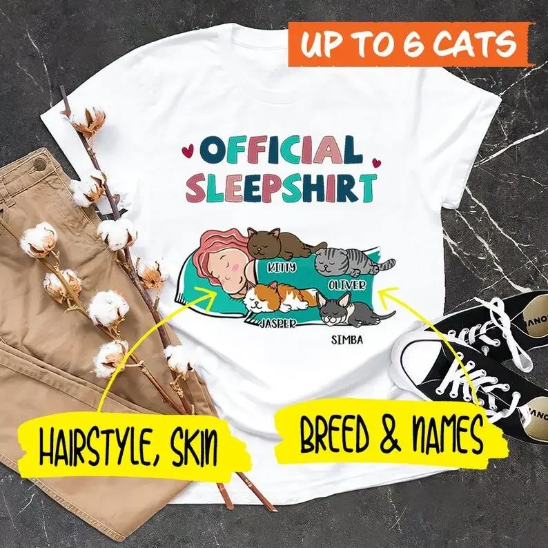 Custom Personalized Cat Shirt Official Sleepshirt Tee Cat Lovers Gift Cotton O Neck Funny Cat Graphics Short-Sleeve Unisex Top