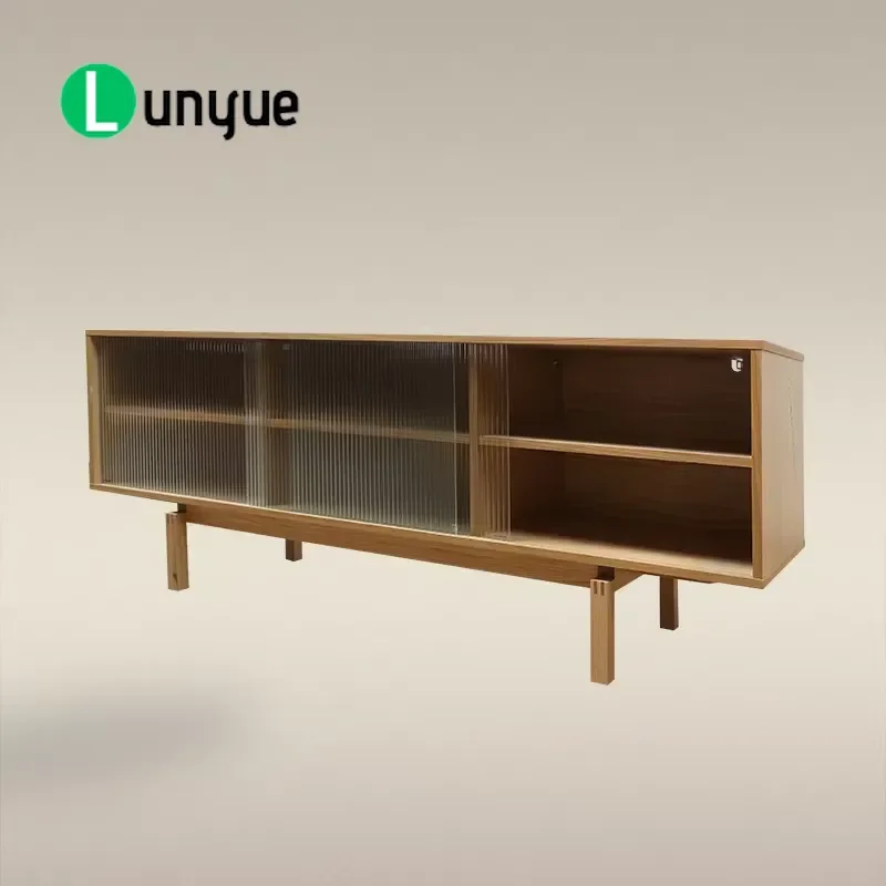 Contemporary Eco-Friendly Oak Veneer Sideboard with Glass Panel Sliding Door Multi-Compartment Industrial Style Storage
