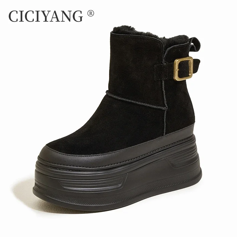 CICIYANG 9cm Genuine Leather Snow Boots Women 2024 Winter New Cow Suede Inner Heightening Short Boots Ladies Keep Warm Boots