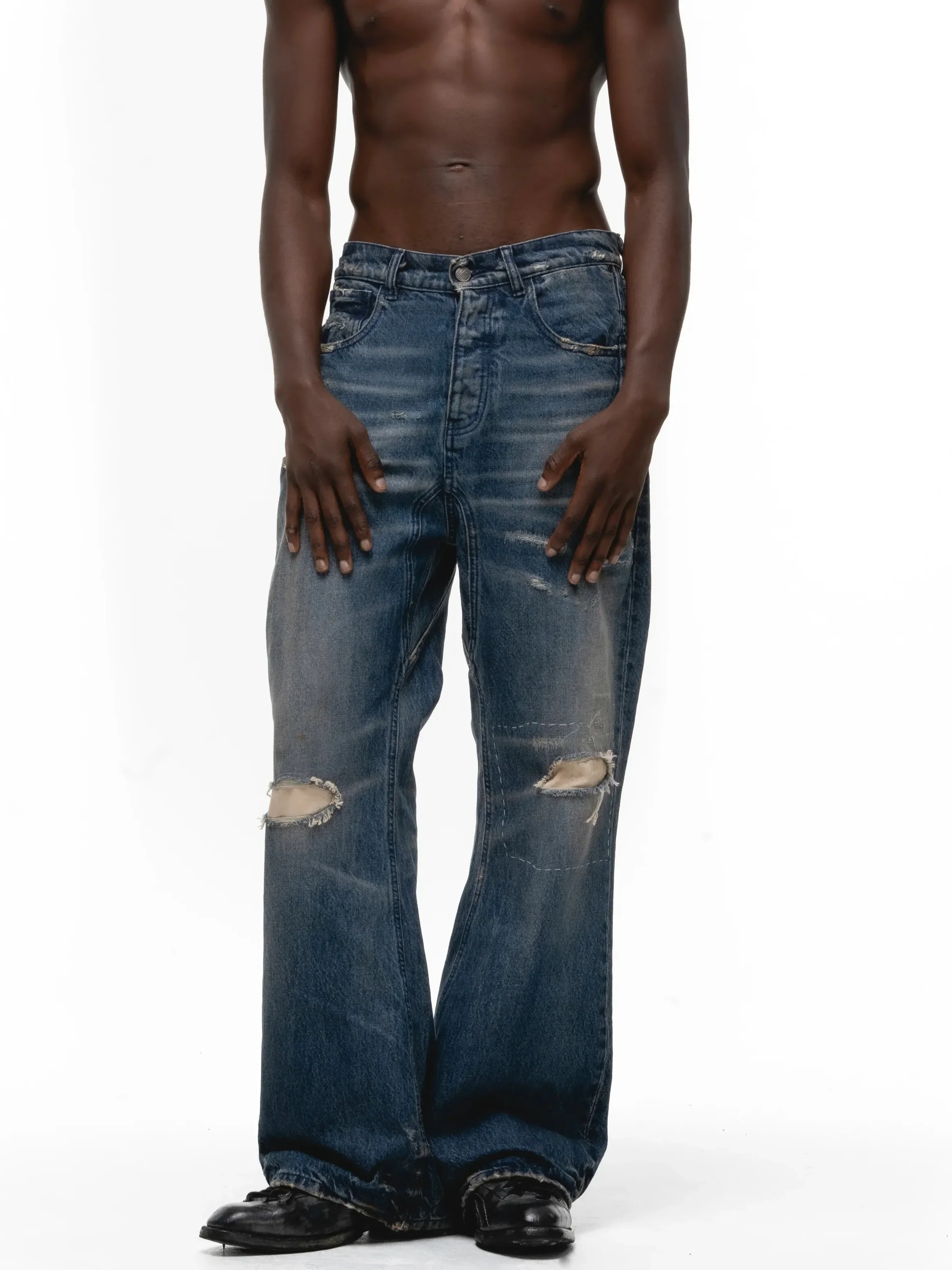 NO/FAITH studios ITALY Washed blue cat whisker patch ripped cropped horn denim trousers