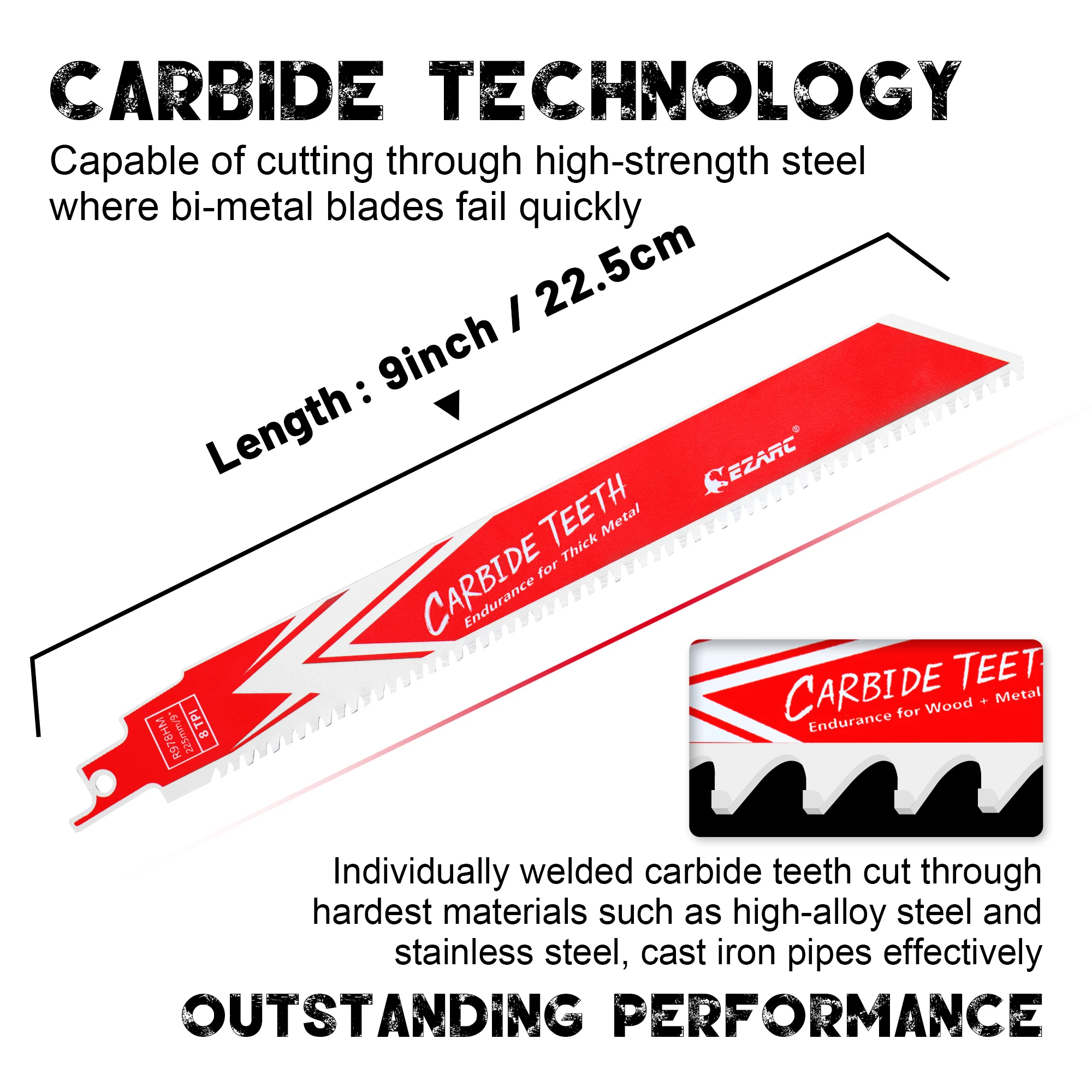 EZARC 9-Inch Carbide Reciprocating Saw Blades, 225mm 8TPI Heavy-Duty Saw Blades for Thick Metal,  Cast Iron, Alloy Steel