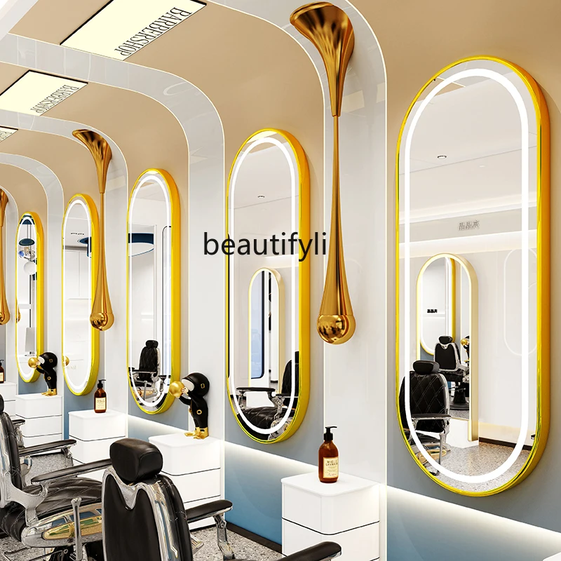 

Hair mirror hair salon special floor barber shop mirror table with light LED single-sided luminous wall-mounted smart mirror