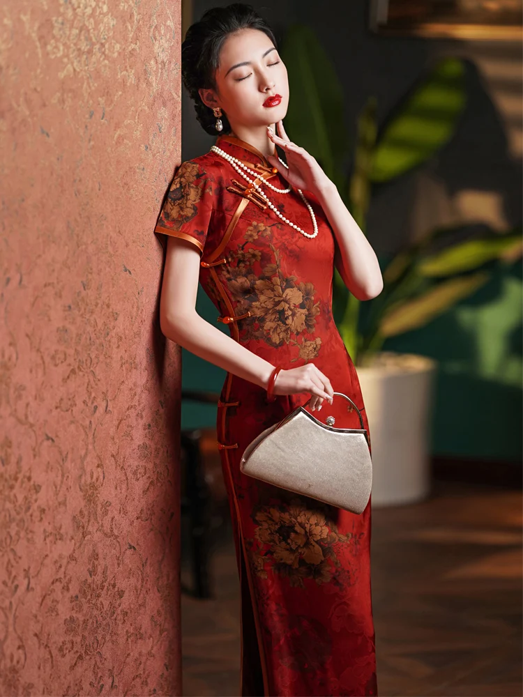 

Ele Long Dr ang Hai Sle ort Sve Retro Spring New Arrival from Red House Daily Wear High Slit