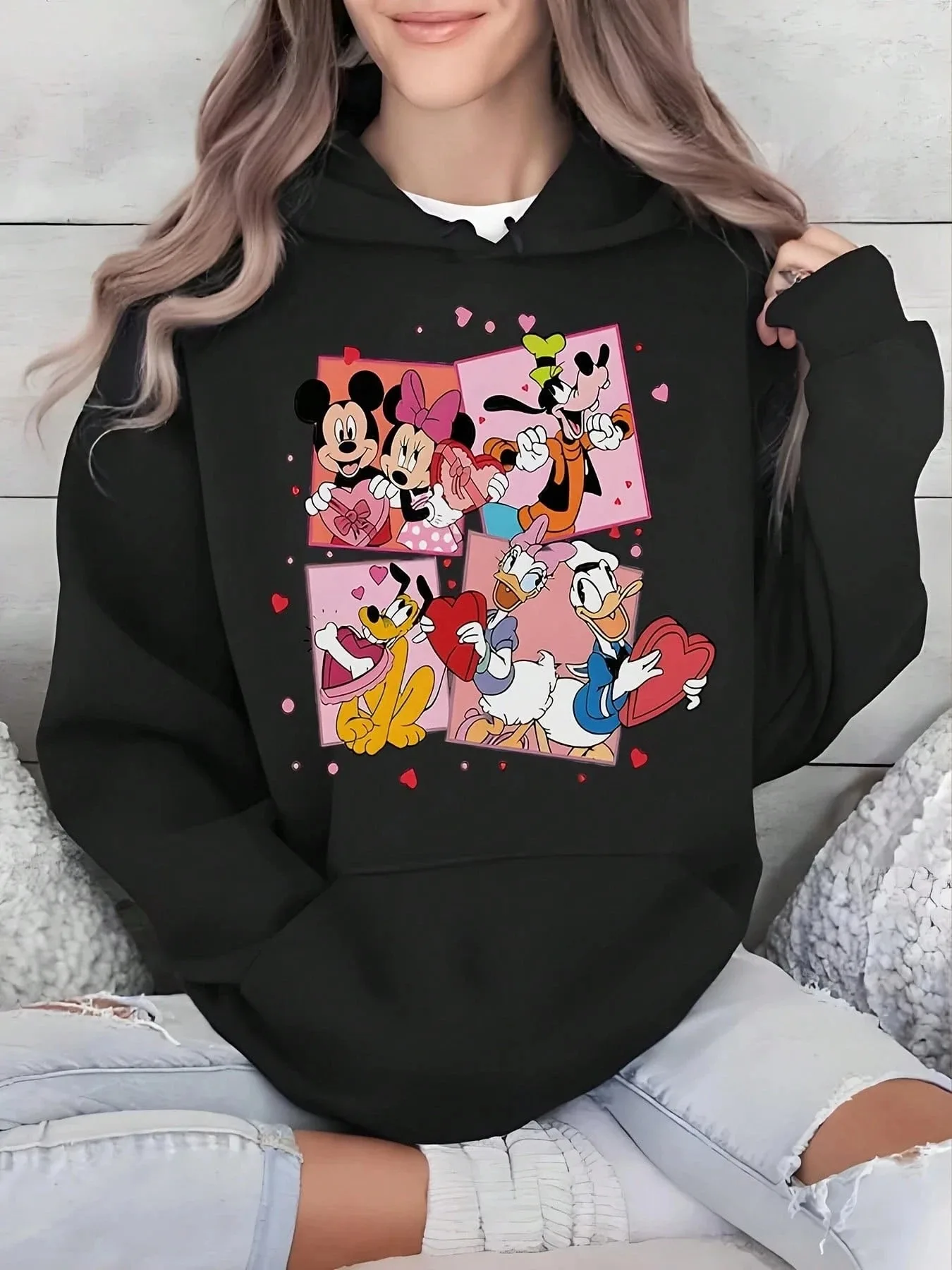 

Женская толстовка с капюшоном Disney Mickey and Friends на День святого Валентина, осенне-зимняя флисовая толстовка с капюшоном для повседневного использования на открытом воздухе, на любой случай