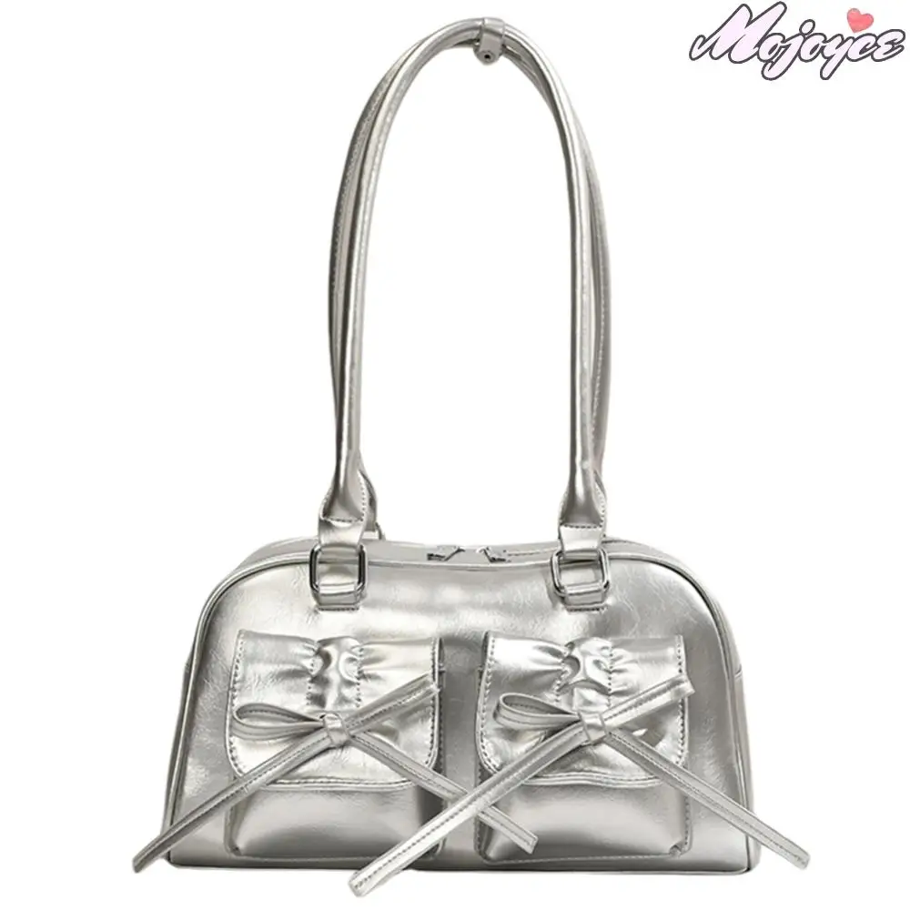 

Women Daily Commuting Bag Double Pockets PU Leather Simple Shopping Bag with Bow Small Tote Bag Solid Color for Travel Vacation