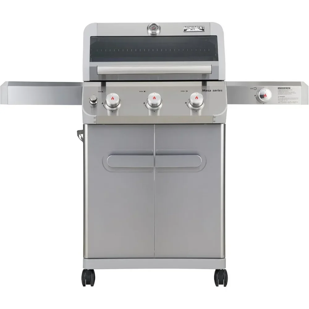 

Outdoor Barbecue Stainless Steel 3 Burner Propane Gas Grill, 48,000 BTU Patio Garden Grill with Side Burner and LED Controls