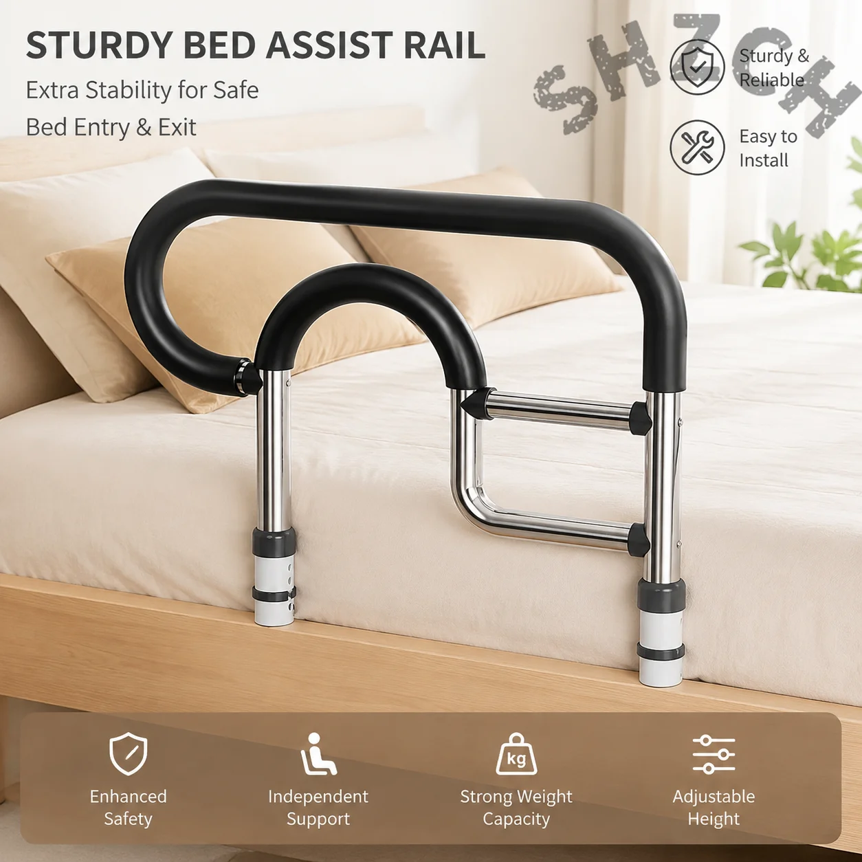 Extra-Large No-Drill Bedside Assist Bar for Elderly – Thick Comfort-Grip Support Rail for Safe Getting Up and Fall Prevention