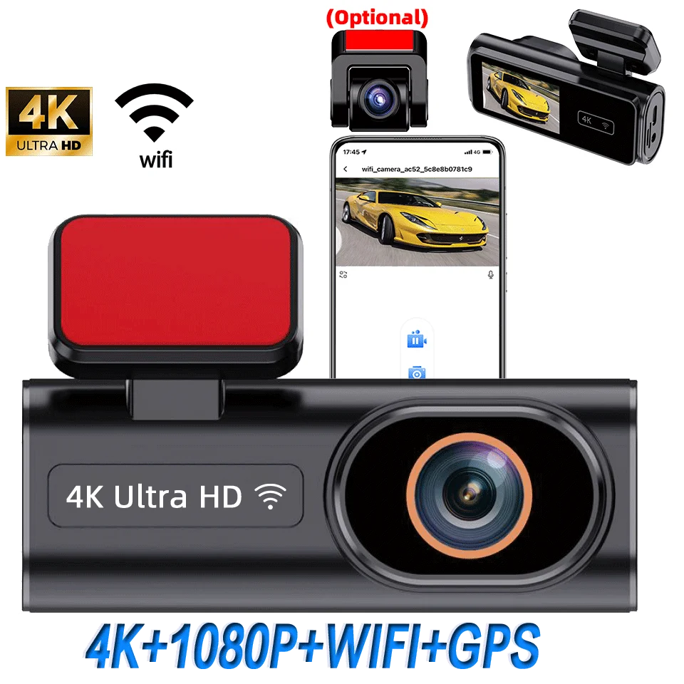 

4K Ultra HD Wi-Fi видеорегистратор для автомобилей 170° ° Широкоугольная автомобильная камера с ночным видением, G-сенсором, циклической записью и мониторингом парковки