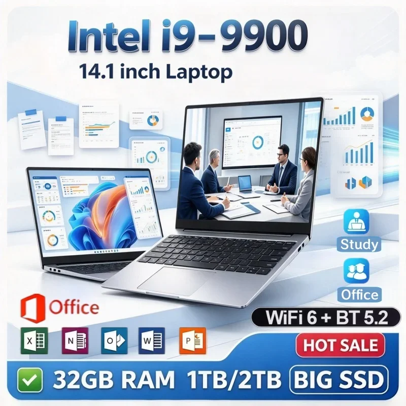 Laptop Durable Intel i9-9900 Ultra-thin Portable 2026 Laptop Windows11 1/2TB Large SSD 14.1 Inch 16GB/32GB RAM