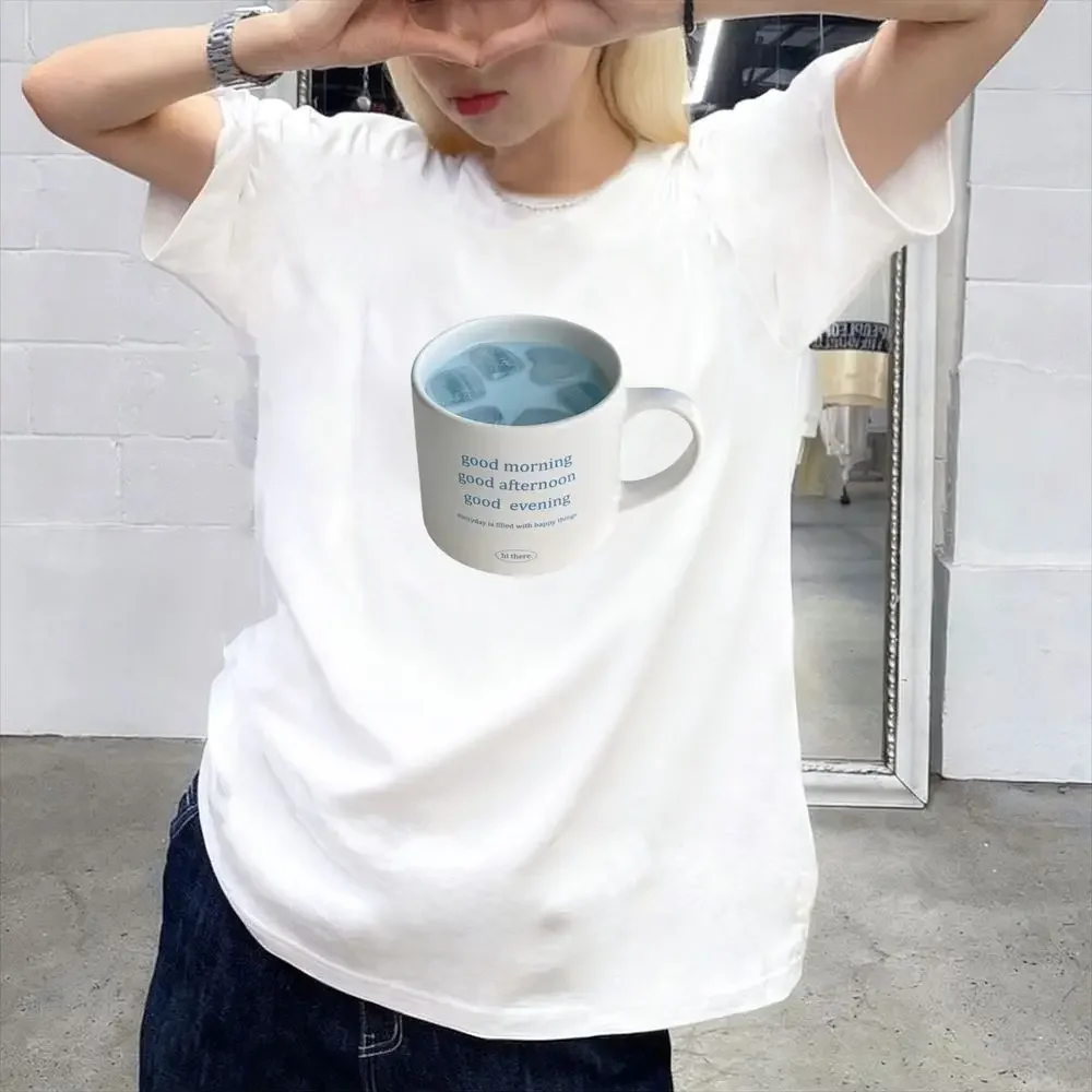 Good Morning Good Afternoon Good Evening Mug Print T-Shirt White Minimalist Aesthetics Women Summer Casual Tops Y2k Vintage Tops