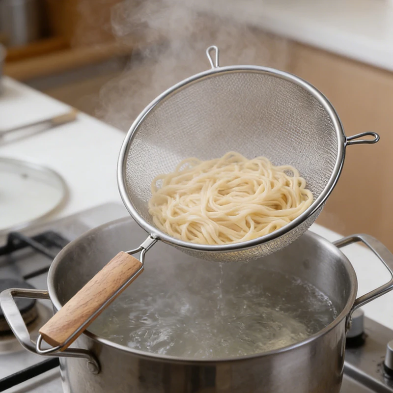 1pcs Stainless Steel Colander with Wooden Long Handle Hanging Ear Kitchen Strainer Filter Fine Mesh Sieve Sifter Kitchen Tools