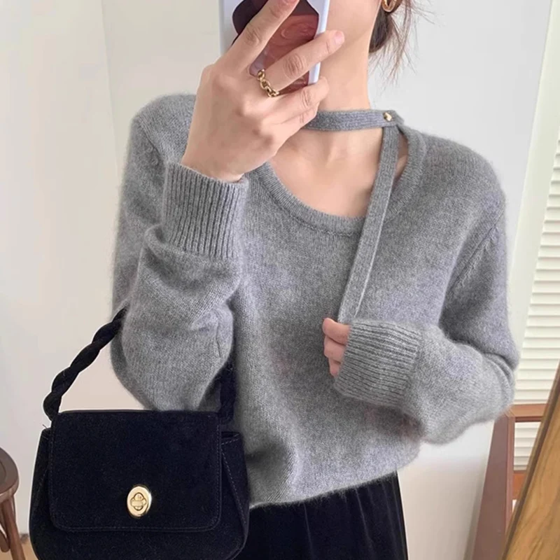 

Fashion Design Low Round Neck Sweaters Women Hanging Neck Ribbon Long Sleeve Croppes Sweater Woman Loose Korean Jumper Ladies