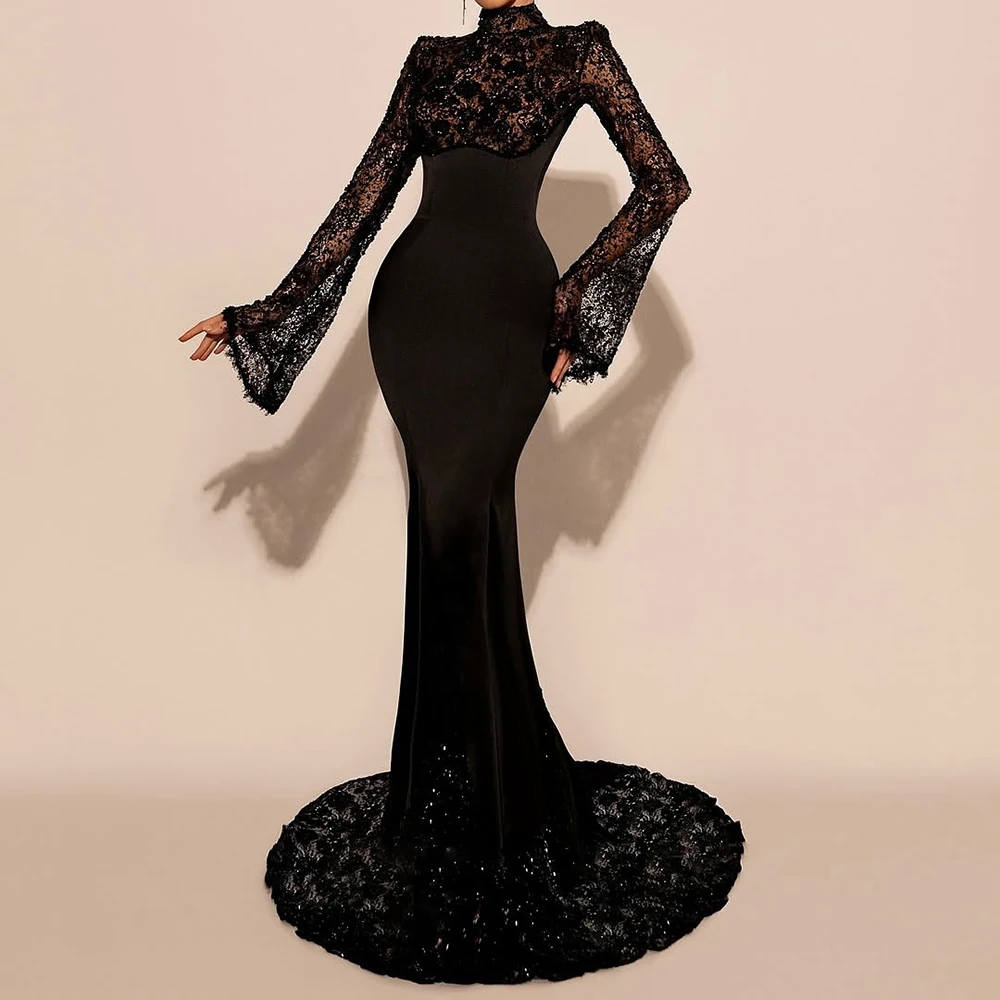 

Вечерние платья русалки по индивидуальному заказу, длиной до пола, с высоким воротником и длинными рукавами, платье для выпускного вечера, простое модное вечернее платье с блестками и драпировкой