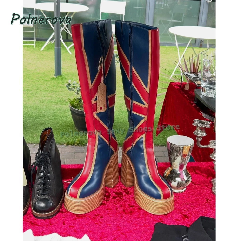 الاتحاد جاك منصة أحذية الموضة جولة تو سميكة وحيد مختلط الألوان سحب على فتاة حار حذاء برقبة للركبة نمط الشارع 2025 الاتجاه