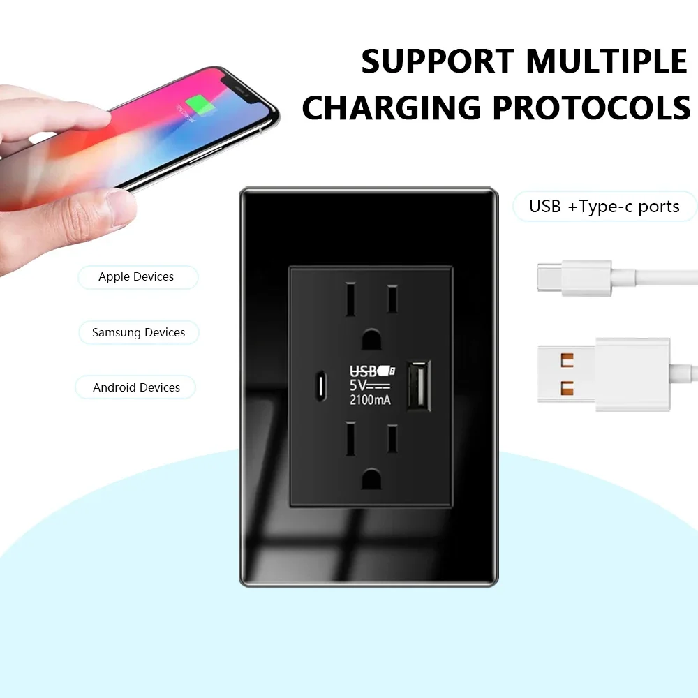 American Black Tempered Glass 15A Light Electrical Switch,US Plug USB Type-c Quick Charge Wall Power Outlet,Mexico Switch Outlet