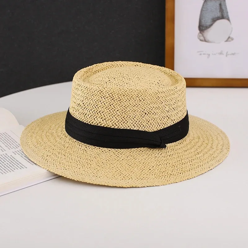 French Panama Straw Hat Ladies Sun Protection Summer Beach Sun Hat Men\'s Holiday British Retro Concave Flat Top Straw Hat Women