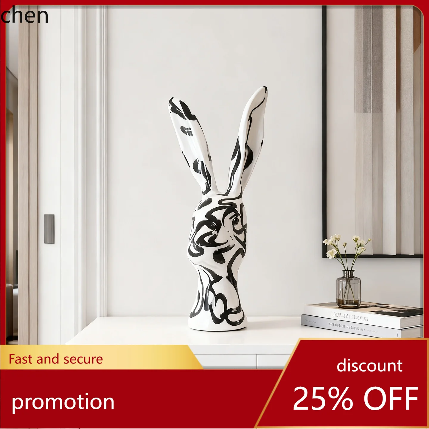 

HT Modern Wabi-Sabi Black and White Hand-Painted Line Calligraphy Rabbit Head Ornament Model Room Bedroom Cartoon Decoration