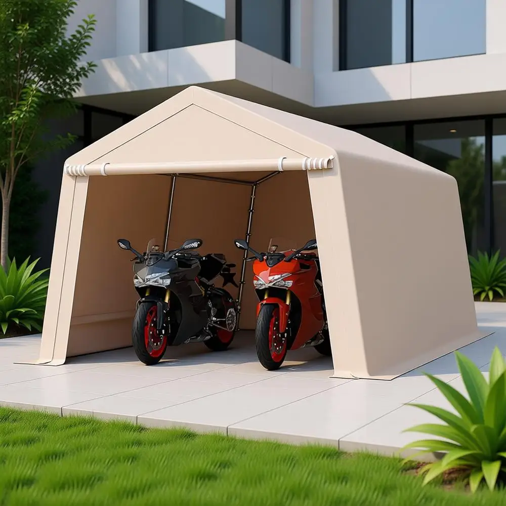 

Portable 10x15 Outdoor Storage Tent - Waterproof, Heavy Duty, Beige, Ideal for Patio, Carport, Motorcycle, Lawn Mower, and Bike