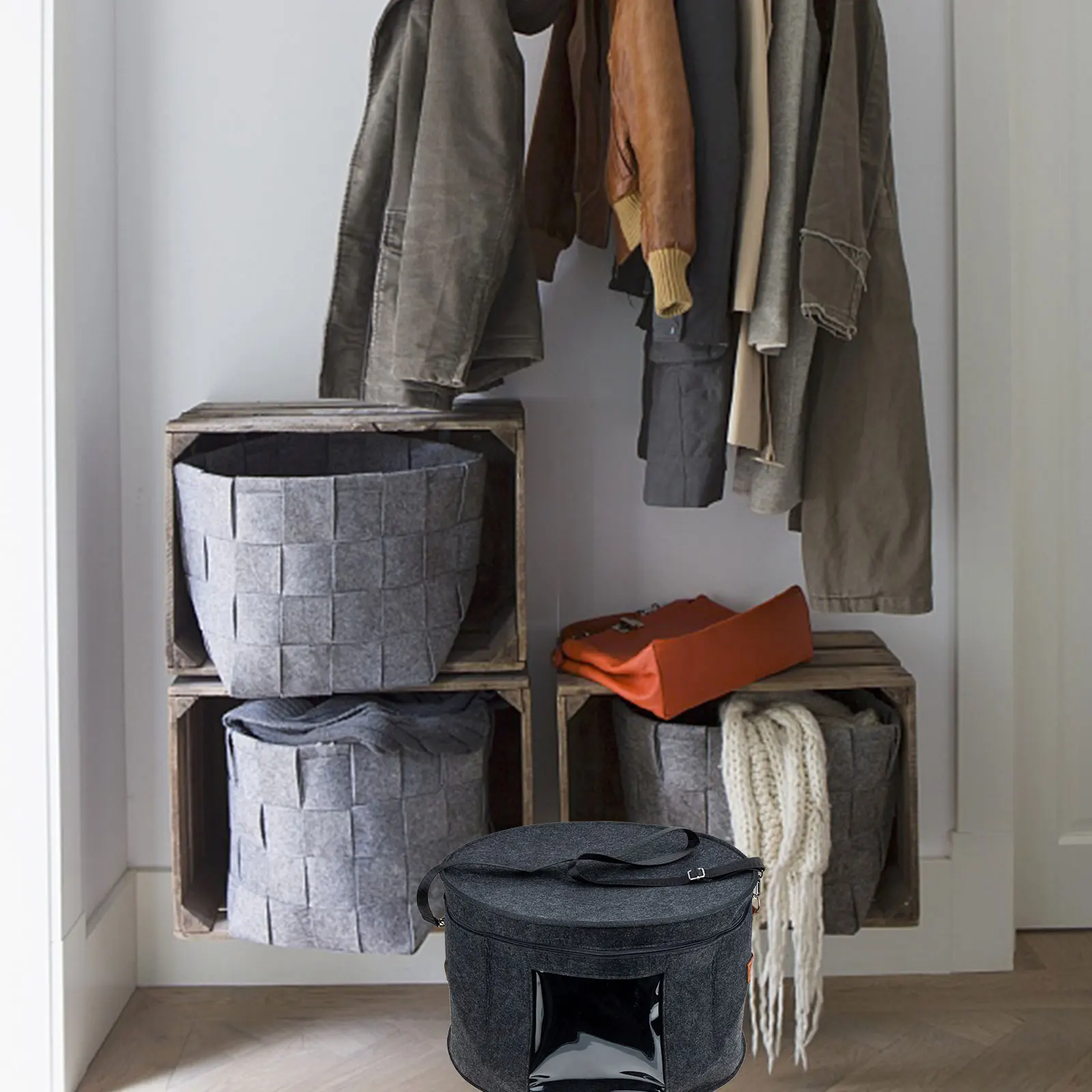 

Hat Storage Bucket 40x26cm Deep Gray Large Capacity Material Cosmetics Container Bra Holder Sock Underwear Toy Box