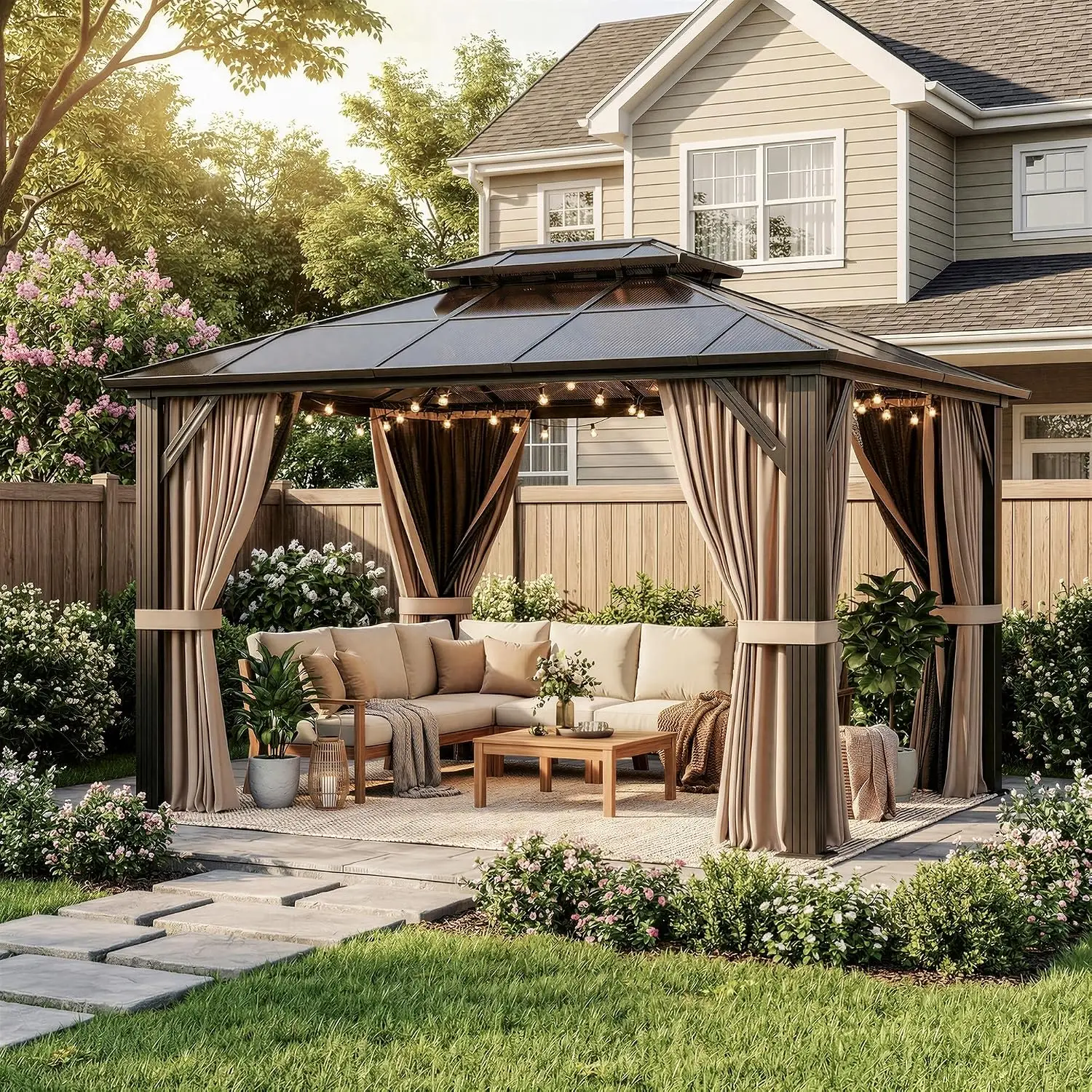 10x12ft Aluminum Polycarbonate Hardtop Gazebo Curtains Netting, Outdoor Sunshade Pergola Garden Patio Lawn, Customized