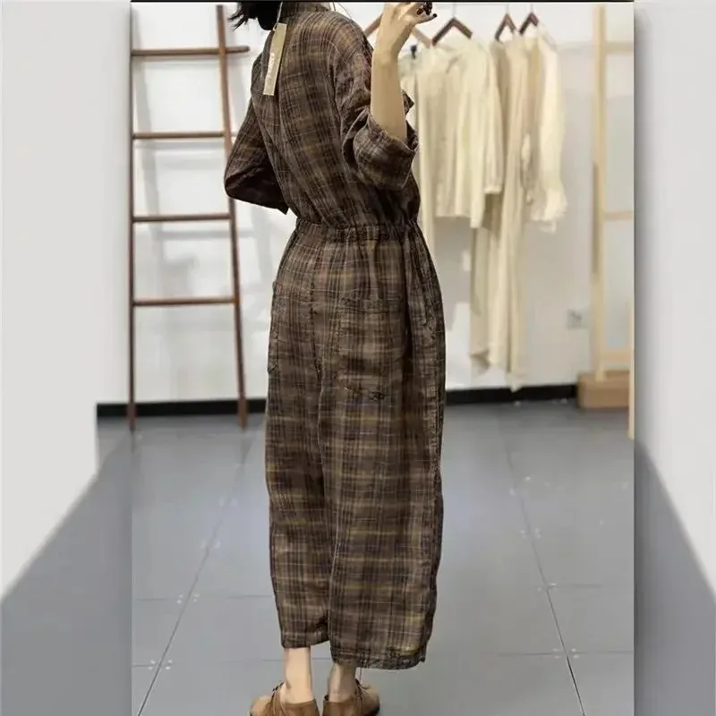 2025 ฤดูใบไม้ผลิใหม่กึ่งCardigan Jumpsuitผู้หญิงออกแบบสายรัดเอวJumpsuitsลายสก๊อตผ้าลินินStreetwear Retroผู้หญิงJumpsuits