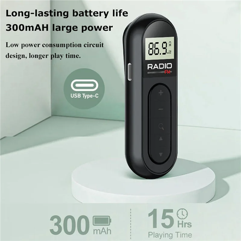 FULL-2X Mini Pocket Radio FM Ricevitore radio portatile ricaricabile 76-108MHZ con display LCD retroilluminato Cuffie cablate da 3,5 mm