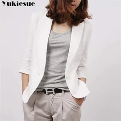 Chaqueta de traje de algodón y lino para mujer, chaqueta elegante y corta para primavera y verano, blazer blanco para mujer