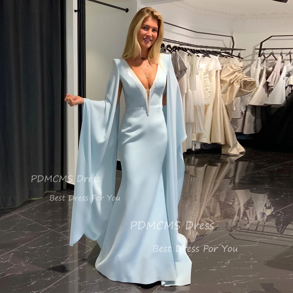 

Elegant Ligh Blue Mermaid Evening Dresses Sexy Deep Tassel V Neckline Vestidos Evening Gowns Flare Long SleevesRobes De Soiree