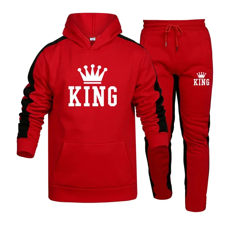 Autumn Winter Mens Tracksuit King Printing Casual Hooded Sweatshirt Suit Daily Jogging Sports Clothing High Quality 2 Piece Set