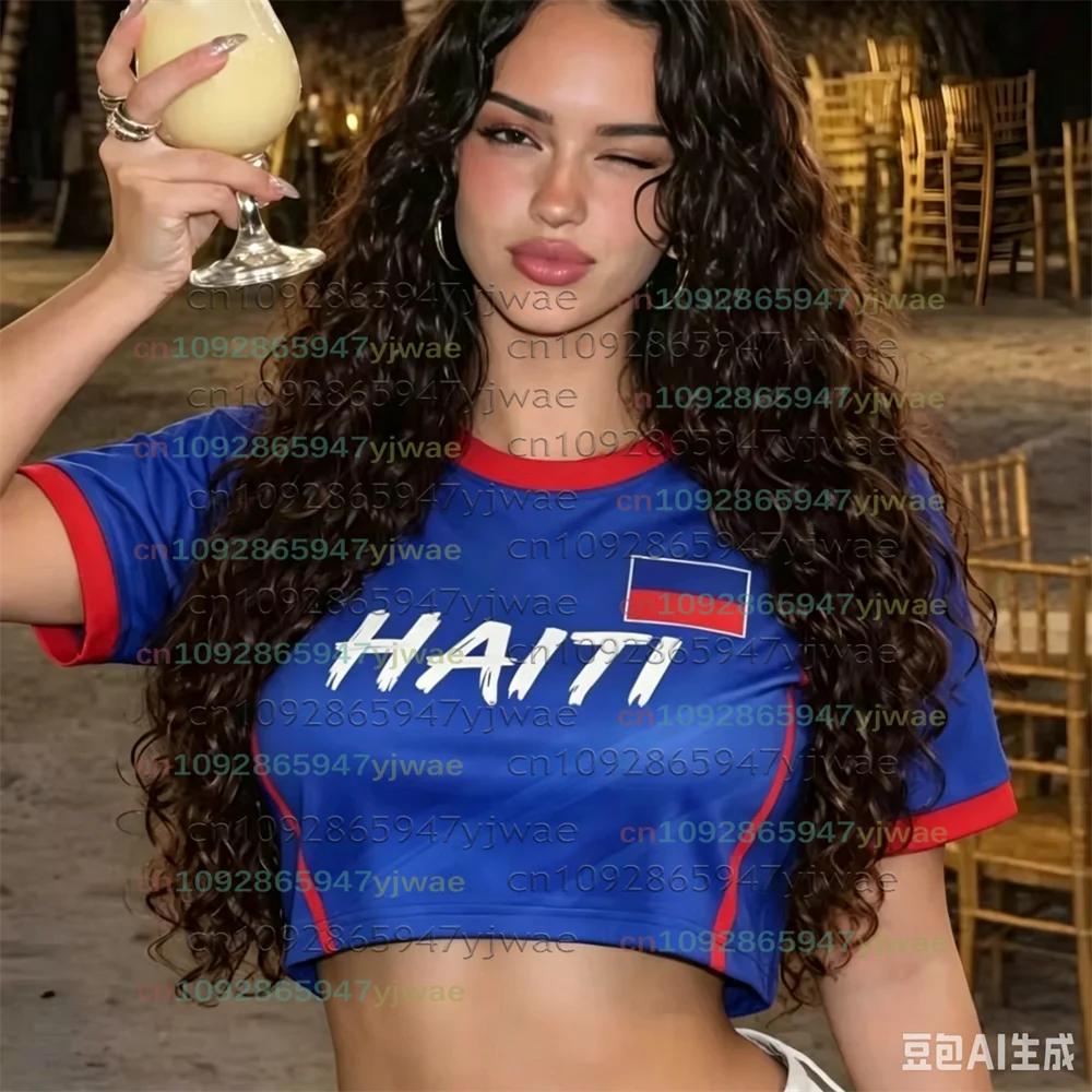 Women Haiti Flag Print Crop Tops T-shirt Short Sleeve O Neck Girls Y2K Football Tee Jersey Casual Streetwear Summer Sports Tees