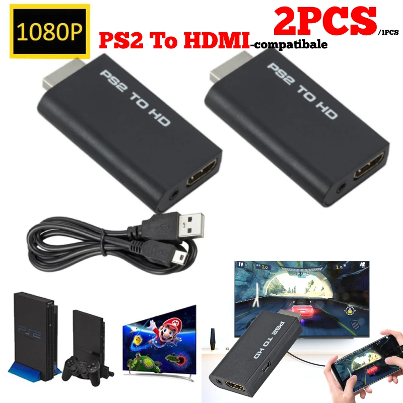 For PS2 to HDMI compatible Converter Adapter 480i/480p/576i Audio Video With 3.5mm Audio Cable Supports PC All PS2 Display Modes