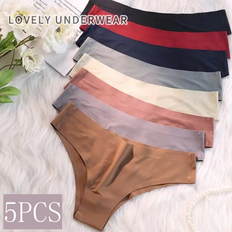 5PCS/Set Panties Women Sexy Seamless Underwear Ice Silk Low Waist Underpants Female Soft Solid Color Ultra-thin Briefs Summer