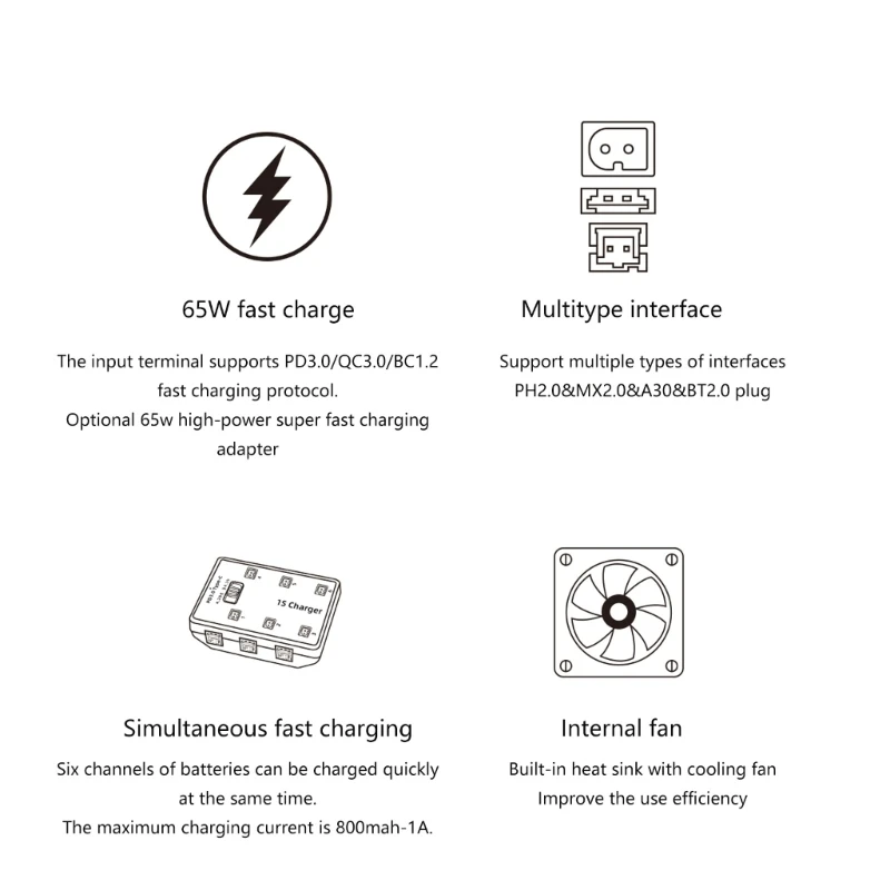 Fast Speed Battery Charger 6 Port 65W For 1S Drones Charger for PH2.0 MX2.0 A30 800mA-1A inside Heat Sink Fan