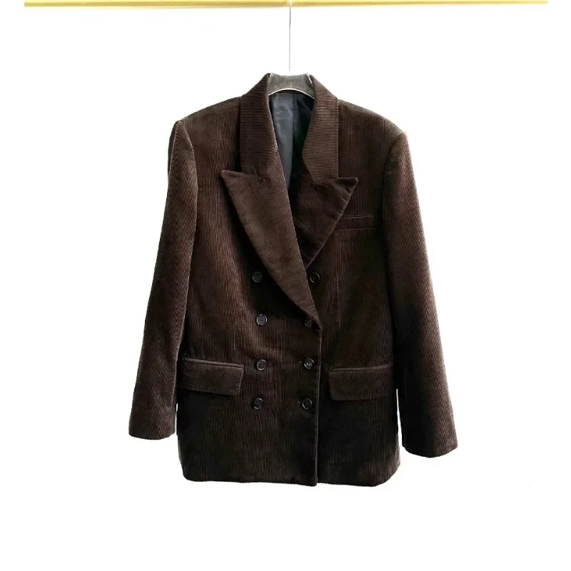 Kh @ ait * E-Women\'s Winter Jacket, Corduroy Coat Blazer, Dark Brown, Turn-Down Collar, Full Sleeve, Classic Vintage Trench