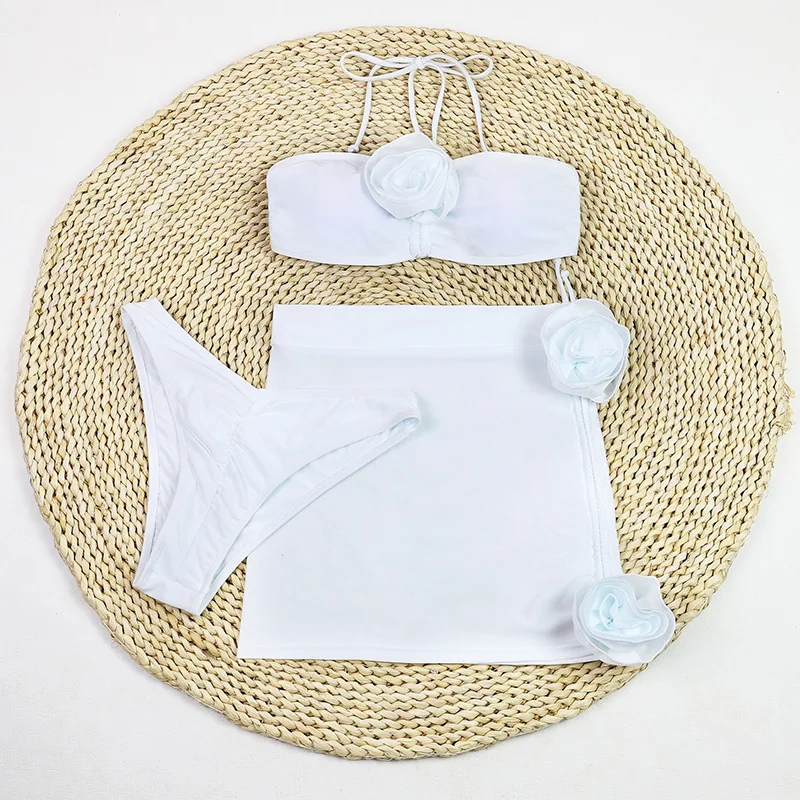 

Sexy 3 Piece Bikinis Women Swimsuit 2026 White Swimwear With Skirt 3D Flower Bathing Suit Bandeau Beachwear Biquini Dress Female