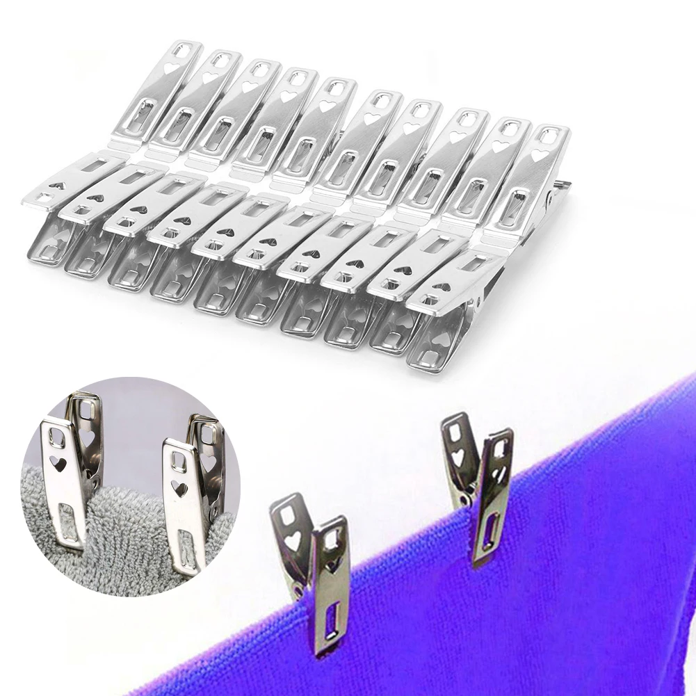 Stainless Steel Clothespins 20/40/60Pcs Office Folder Clips Washing Line Clamps Household Metal Windproof Sealing Photos Hanger