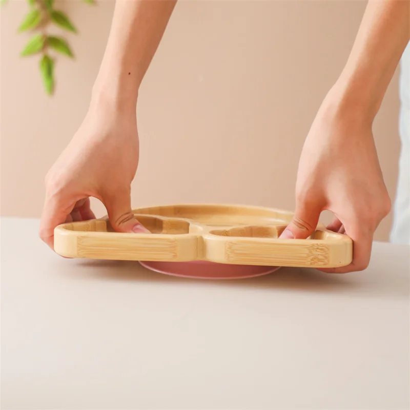 Baby Wooden Tableware Set Could Bamboo Wooden Plate Bowl Silicone Suction Wooden Handle Fork Spoon for Children Feeding Supplies