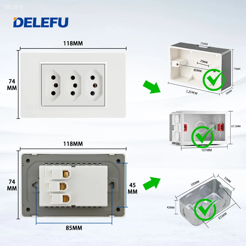 DELEFU 4*2PC Fireproof Brazilian Standard Socket USB C-type Fast Charging Wall Power Socket 10A 20A White Gray Black Gold image 2