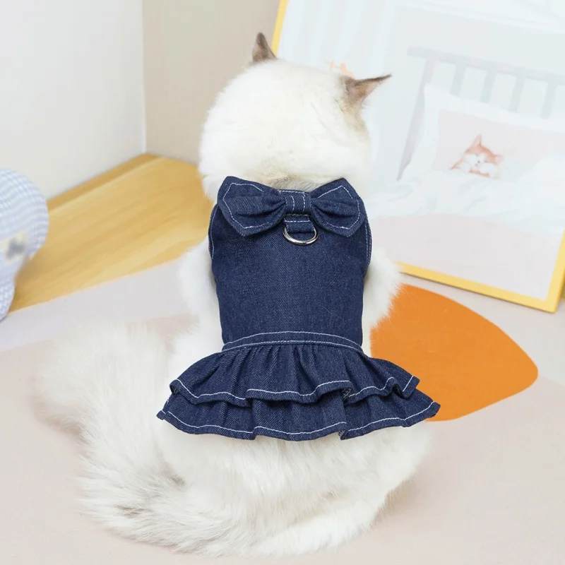 Pet Denim Dress Spring Summer Dog Dress Puppy Girl Clothes Cute Bow-Knot Dog Skirt French Bulldog Jeans for Small Medium Dog Cat