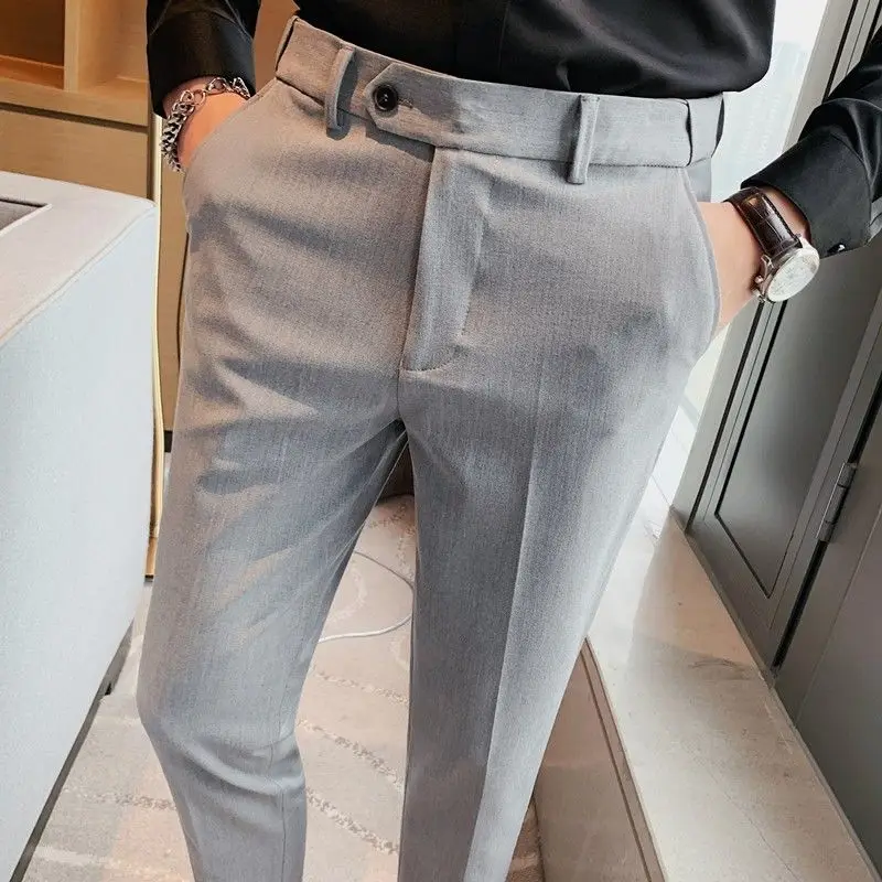 Slim Fit Men\'s Summer Pants Business Tressed Male Suit Trousers Social Tailoring 9 Cropped Black Designer Clothes 2024 Fashion