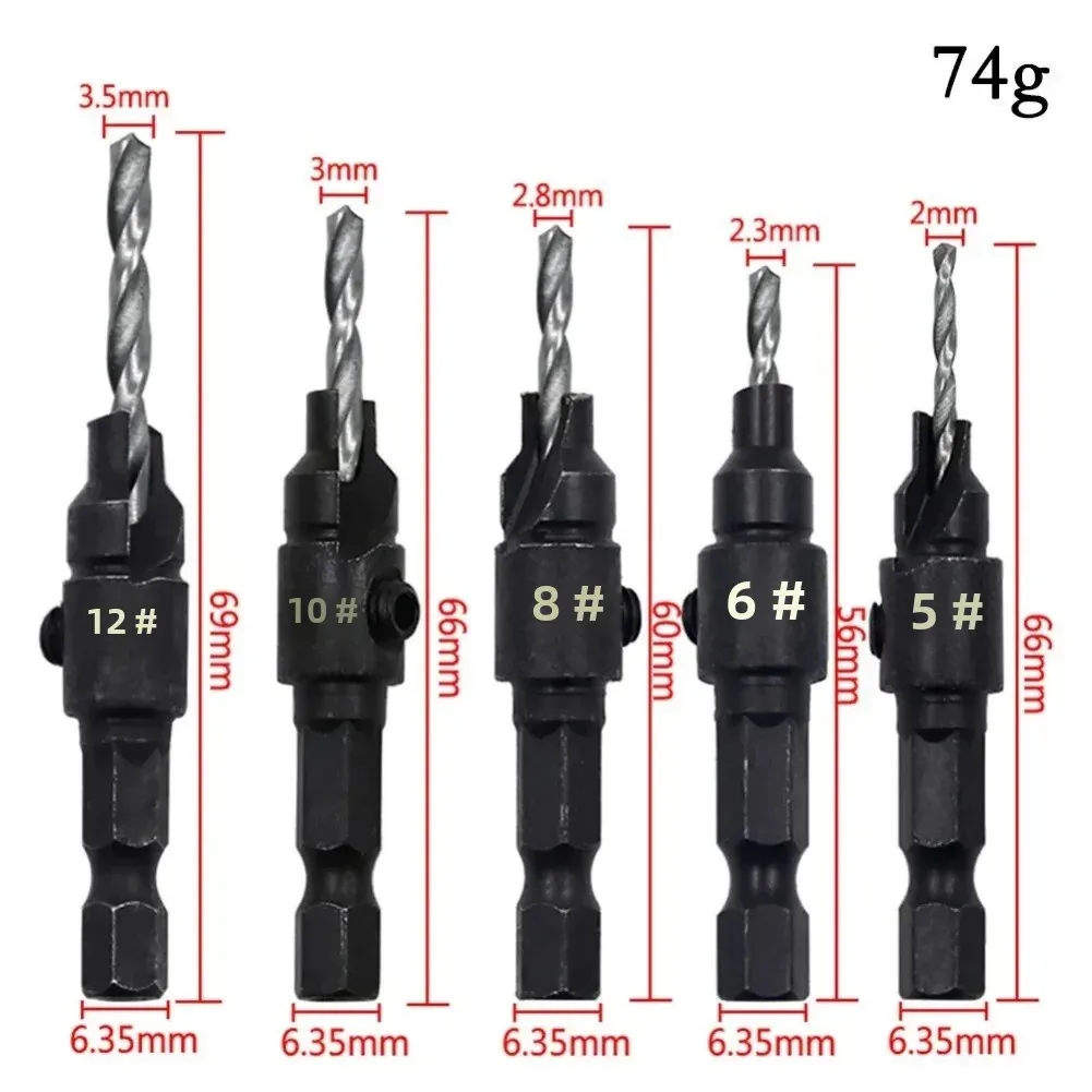 5Pcs Countersink Drill Bit Set Conical Drill Bit Woodwork Pilot Hole HSS Universal Aluminum Plastic Carpentry Woodwooking Tool