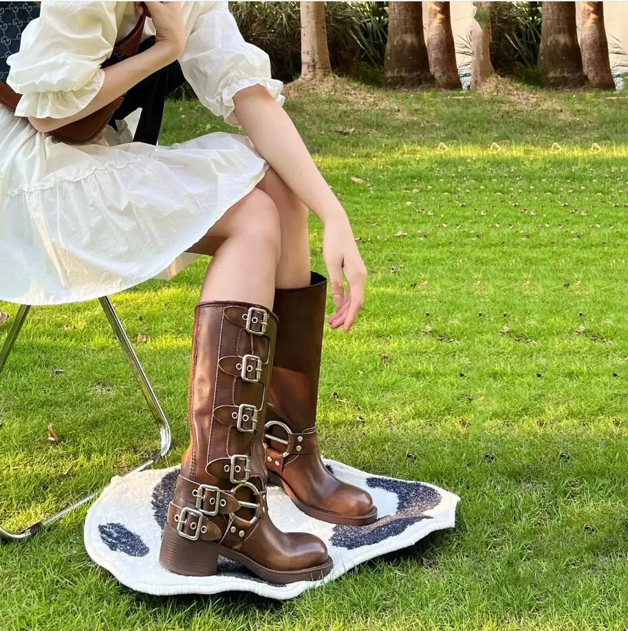 

Brown Blet Buckles Mid Calf Boots New Design Round Toe Chunky Heel Knight Boots Women Shoes 2023 Fashion Zapatos Para Mujere