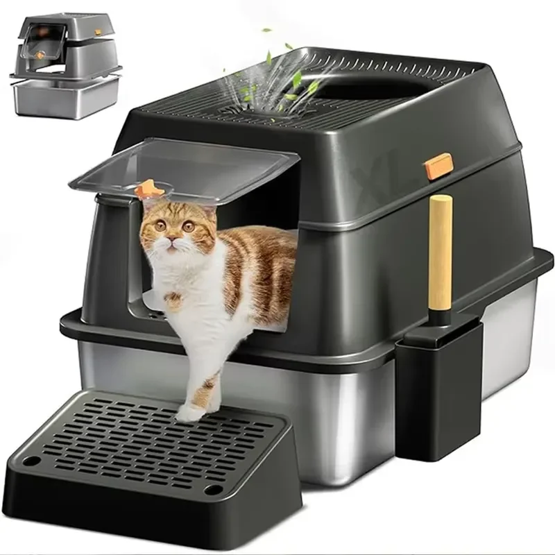 

Large Sized Enclosed Stainless Steel Cat Box for Odor Control Easy Detachable Cleaning Thickened Anti-corrosion PP