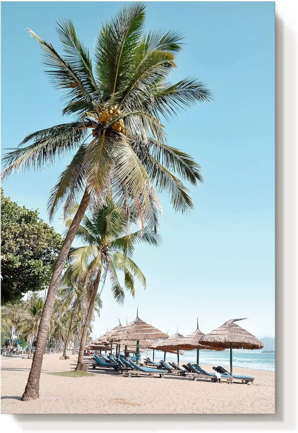 

Beach Seascape Canvas Wall Art: Palm Tree Coastal Picture Coconut Trees Painted Beach Umbrellas & Chairs Painting Seaside